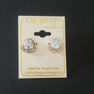 White Marble & Gold Crescent Stud Earrings